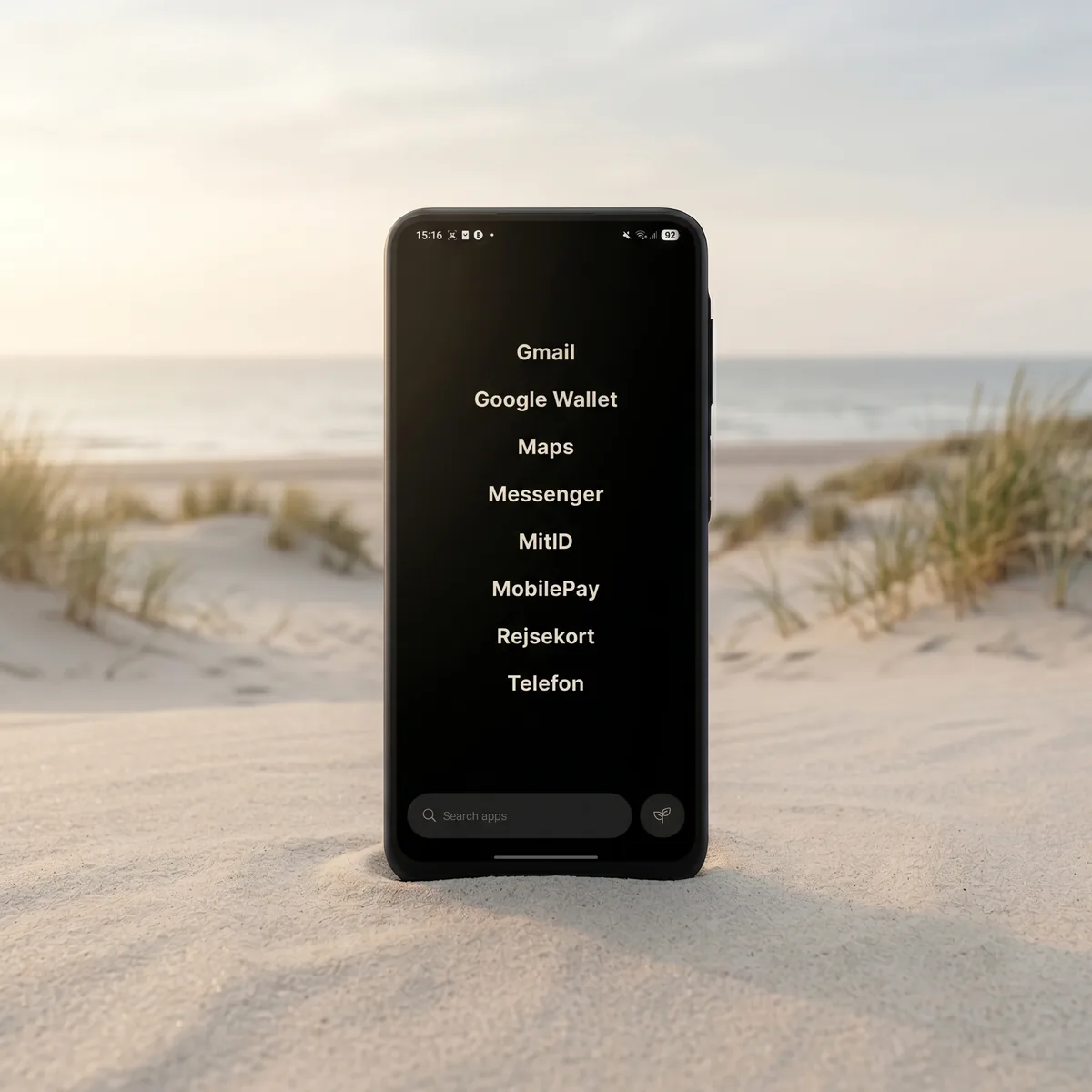 Balance Phone på stranden med Balance OS-startskærmen